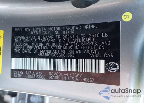 2016 Lexus Es 350 из США, поврежденный, VIN 58ABK1GG5GU015631